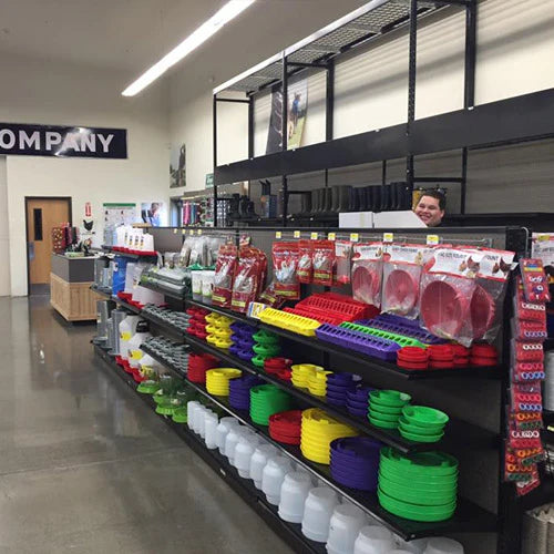 Store aisle with colorful pet bowls and accessories on shelves, orderly arranged. A person playfully peeks over the shelf, adding a lighthearted tone.