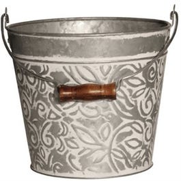Planter With Handle, White Wash Floral Metal, 8-In.