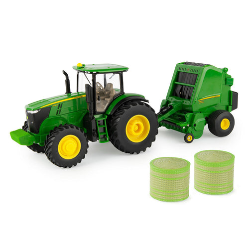 Tomy John Deere 1:32 Scale 7270R Tractor with 560R Baler and Round Bale - 3 Piece Farm Toy Set