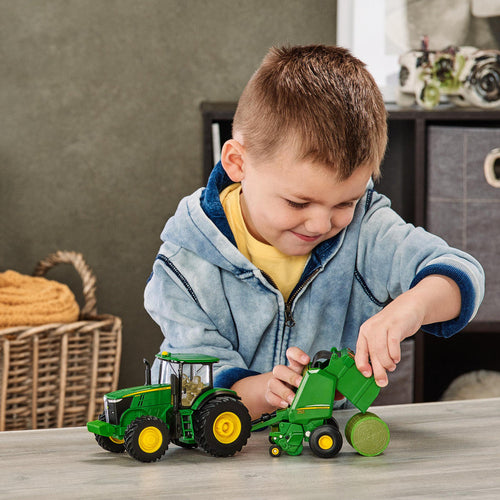 Tomy John Deere 1:32 Scale 7270R Tractor with 560R Baler and Round Bale - 3 Piece Farm Toy Set